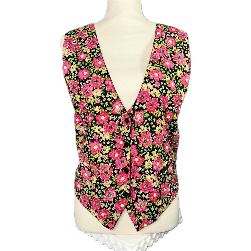 VTG AJ 90s Womens Medium Floral Beaded Sequin Vest Waistcoat CottageCore Whimsy